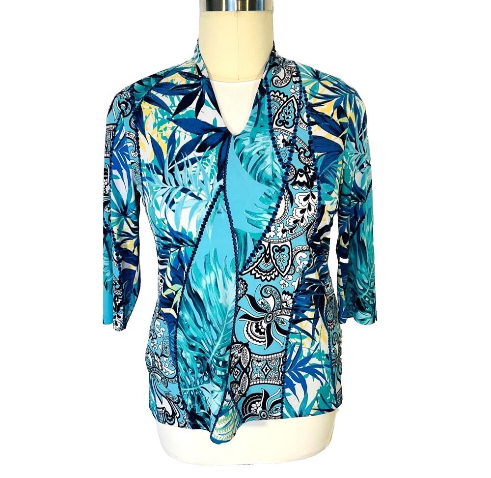 Chico's Tunic Top Womens L Blue Tropical and Paisley Print V-Neck 3/4 Sleeve
